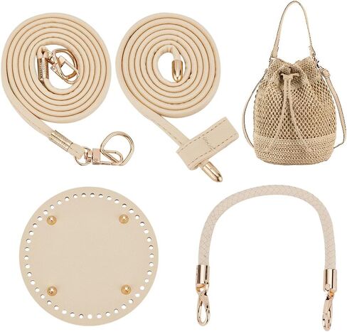 WADORN DIY Handbag Making Kits, Handmde Crochet Knitting Bucket Tote Bag Making Accessories Include Round PU Leather Bag Bottom Bag Shoulder Strap Braided Leather Handle Strap and Drawstring Strap in Kuwait