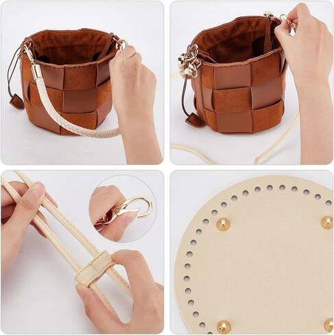 WADORN DIY Handbag Making Kits, Handmde Crochet Knitting Bucket Tote Bag Making Accessories Include Round PU Leather Bag Bottom Bag Shoulder Strap Braided Leather Handle Strap and Drawstring Strap in Kuwait