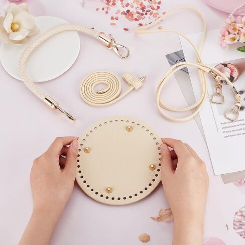 WADORN DIY Handbag Making Kits, Handmde Crochet Knitting Bucket Tote Bag Making Accessories Include Round PU Leather Bag Bottom Bag Shoulder Strap Braided Leather Handle Strap and Drawstring Strap in Kuwait