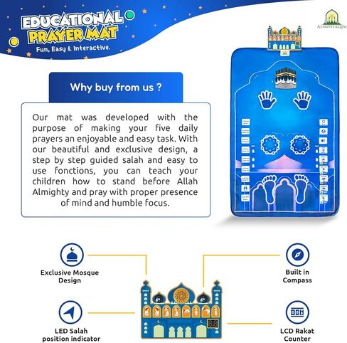 Educational Prayer Mat - Interactive Prayer Mats for Kids - with Mosque-Shaped Speaker, Built-in Compass, 50 Touch-Sensitive Buttons, LCD Counter, Professional Quran Reciter - 47x27 [Blue] in Saudi Arabia