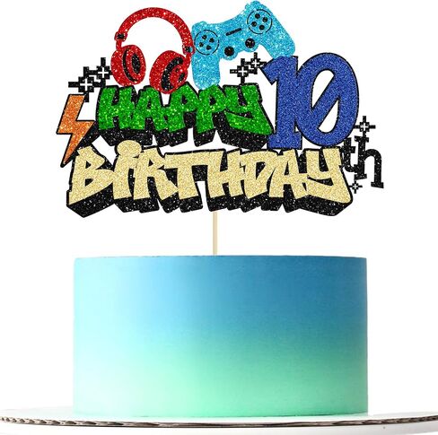 Gyufise 1Pcs Video Game Happy 10th Birthday Cake Topper Glitter Video Game Cake Pick Game On Controllers Tenth Cheers to 10 Years Cake Decoration for Boys 10th Birthday Party Supplies in Saudi Arabia