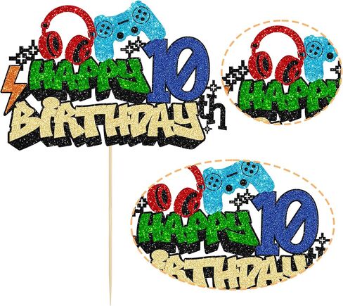 Gyufise 1Pcs Video Game Happy 10th Birthday Cake Topper Glitter Video Game Cake Pick Game On Controllers Tenth Cheers to 10 Years Cake Decoration for Boys 10th Birthday Party Supplies in Saudi Arabia