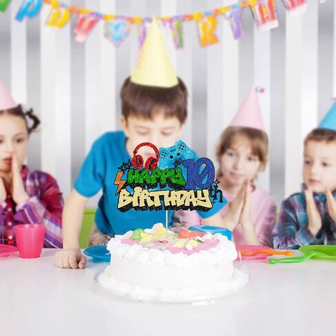Gyufise 1Pcs Video Game Happy 10th Birthday Cake Topper Glitter Video Game Cake Pick Game On Controllers Tenth Cheers to 10 Years Cake Decoration for Boys 10th Birthday Party Supplies in Saudi Arabia