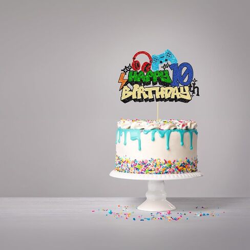 Gyufise 1Pcs Video Game Happy 10th Birthday Cake Topper Glitter Video Game Cake Pick Game On Controllers Tenth Cheers to 10 Years Cake Decoration for Boys 10th Birthday Party Supplies in Saudi Arabia