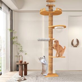 Cat Tree Floor to Ceiling (92 "-110") Tower Tower Hightable ، شجرة قط خشبية ، شجرة قطة من الأرض إلى السقف ، كبسولة الفضاء ، منصة القفز على القط ، منشور خدش سيسال ، سرير ، لعبة تفاعلية