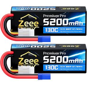 Zeee Premium Pro 3S Lipo Battery 5200mAh 11.1V 130C RC Lipo Hard Case with EC5 Connector for RC Car Truck Boat Helicopter Airplane Racing Models(2 Packs)