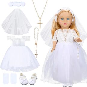 7 Pcs 18 Inches American Doll Clothes Outfit First Communion Dress with Matching Headband Veil Bracelet Shoes Socks Necklaces Fit 18 Inches Dolls, Doll Not Included