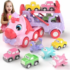 Truck Car Toys 1 2 3 Year Old Girls, 7-in-1 Unicorn Carrier Truck Toy Cars w/ Light & Sound, Toddler Girl Toys Age 1-3 2-4 3-5, 1 2 3 4 5 Year Old Girl Birthday Gifts Toys Girls, Pink