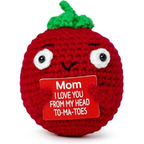 Mom Gifts Handmade Positive Tomato Crochet Doll with Words Card, Mini Plush Knitted Crochets Toy Cute Emotional Support Dolls Desk Party Decorations Funny Craft Present for Mother's Day