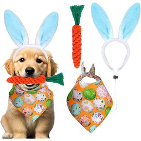 3Pcs Dog Easter Bunny Costume Outfit - Dog Rabbit Ears Headbabd, Egg Bandana Scarf, and Carrot Shape Rope Teeth Cleaning Dog Chew Toys Gifts for Pet Puppy Party Supplies