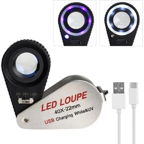 40x مجوهرات قابلة لإعادة الشحن Loupe مكبّر الزجاج مع مصابيح LED/UV الجيب القابلة للطي Loupe ، حلقة مجوهرات مضيئة مع بناء المعادن للمجوهرات ، والعملة المعدنية ، والمنسوجات ، والأطفال