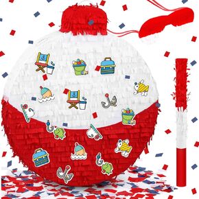 كبيرة الصيد bobber piñata 19.7 بوصة صيد الأسماك زخارف حفلة عيد ميلاد ذهب لوازم الحفلات الصيد مع عصا عظمى العصابات وملصقات الصيد الخفافيش شريط لاصق ، 19.7 × 17.3 × 3 بوصة