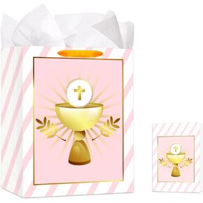 FaCraft First Communion Gifts Bags for Girls Boys Kids-Gold Cross Religious Gift Bag with Tissue Paper Baptism Confirmation Gifts Bag with Handle for Christian Christenings Easter Weddings Clergy Day