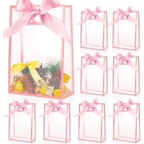 ZJHiome Clear Gift Bags with Handle, 8 PCS PVC Gift Bag with Ribbon Bow for Christmas Easter Wedding Baby Shower Birthday Party(Black)