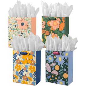 cofullsky Floral Gift Bags with Tissue Paper, 4 Count, Medium, Multicolor, Floral Pattern, Ideal for Valentine's Day, Baby Shower, Birthday