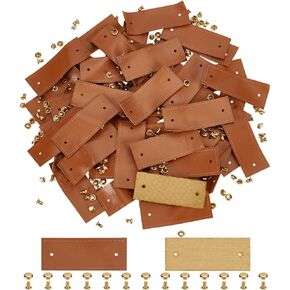 Fingerinspire 50 Sets Pu Leather Leather Tags 0.8x2inches شوكولاتة اللون مستطيلات جلدية فارغة مع المسامير المصنوعة يدويًا من الجلد العلامات الكروشيه للملابس الأوشحة DIY