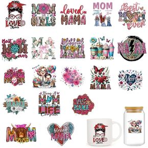 الأكمام الكأس UVDTF MAMA - 20 أمي من أكواب UVDTF لمدة 16 أوقية ، زهرة قوس قزح مقاومة للماء ، فراشة ، شارات نقل طباعة الفهد ، ملصقات ماما UVDTF لزجاجات المياه الزجاجية ، هدية عيد الأم.