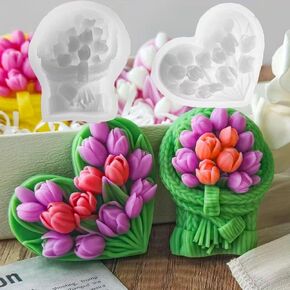 قوالب سيليكون 3D Tulip Flower Candle ، وأشكال القلب والسلة ، 2pcs diy epoxy resin soap morn