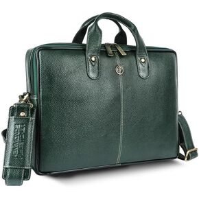 Genuine Leather Office Bag for Men - Laptop Bag for Men - Padded Laptop Compartment, Fits 14 Inch Laptop - Adjustable Strap, 1 Year Warranty - Office, Travel, Daily Use, Green