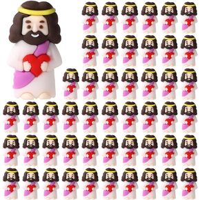 50pcs Tiny Jesus Statue with Red Heart, PVC Material Miniature Figures Small Mini Jesus Figurines Gift Favors Decoration (Mixed Color)