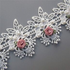 1 Yard Vintage Cotton Eyelash Pearl Flowers Leaf Embroidered Lace Trim Fabric Floral Appliques Lace Ribbon Bridal Ornaments Handmade DIY Sewing Supplies Craft for Costume Hat Decoration 2.75" Wide