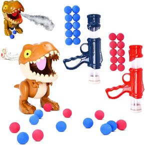 Dazmers Dinosaur Shooting Toy - مجموعة من 2 بندقية ناعمة مع 20 رصاصة والديناصورات الهدف - المدافع والكرات الرغوية الحمراء والأزرق - مدافع ألعاب تعليمية للأطفال - متعة في داخلي وخارجي.