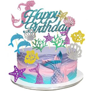مجموعة أقطار عيد ميلاد Mermaid - ديكور بموظفة أو المحيطات الفوار مع عيد ميلاد سعيد و 12 عنصرًا ملونًا تحت البحر يختار كب كيك - ديكورات كعكة مثالية للفتيات