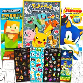 مجموعة ألعاب الفيديو في نهاية المطاف ومجموعة كتب النشاط - حزمة مع Sonic the Hedgehog ، Minecraft ، Pokemon Kids Coloring Pages بالإضافة إلى ملصقات ، المزيد | كتب نشاط ألعاب الفيديو للأولاد 4-8 ، 3-5 ، 8-12