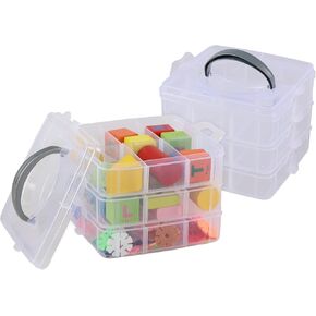 Farmoon 2-Pack 3 Tier Stackable Craft Storage Box with Adjustable Compartments, Small Clear Plastic Craft Box Bin