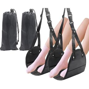 2 PCS Airplane Foot Hammock ، Black Travel Foot Hammock قابل للتعديل في القدم الراحة المحمولة الطيران الطويلة الدعم في المكتب مسندات حبال سفر للطائرات