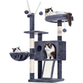 Hey-Brother Cat Tree Tower ، منشورات خدش مع ألعاب قابلة للإزالة ، شقة مريحة ، منصة ، أرجوحة ، لوحة خدش سيسال والكرة للقطط الداخلية ، 41.3 بوصة ، رمادي مدخن MPJ008SG