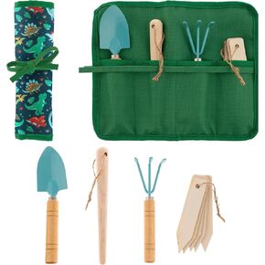 Stephen Joseph ، Toddler Gardening Tool Set 5 PCS - مجرفة صغيرة ، ديبلر البذور ، ميني أشعل النار وعلامات النبات مع حقيبة لفة ، أدوات البستنة للأطفال ، أفضل هدية للألعاب في الهواء الطلق للبنين والبنات ، دينو