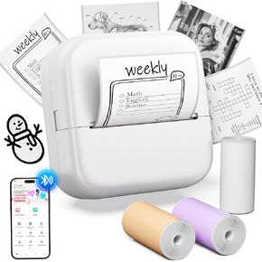 Sticker Maker M02X Mini Sticker Printer Bluetooth Mini Portable Thermal Printer Inkless Pocket Photo Printer Come with 3 Rolls Paper for Study Notes,Memories,Photo,Receipt, Gift