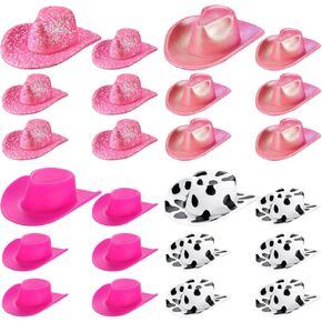 24 PCS MINI NEON Space Cowgirl HAT لطيف ديسكو رعاة البقر دمية قبعة الهولوغرافيا رعاة البقر دمية الديكور لحفل رعاة البقر (طباعة البقرة)