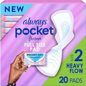 Always Pocket Feminine Pads with FlexFoam, Size 2, Heavy Flow, with Wings, Unscented, 20 Count