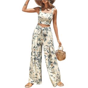 Floerns Women's 2 Piece Boho Floral Print Knot Shoulder Zip Back Crop Cami Top and Maxi Pants Set Orange Multi Large