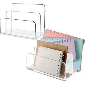2 Pack Mail Organizer Mail Holder for Desk, 2 Section Clear Acrylic Letter Holder Mail Sorter Countertop, Vertical Modern Home Office Desk Organizer for Envelope File