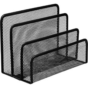 Upright File Holder and Desk Organizer - Black Desk Mail Organizer - Metal Mesh Letter and Document Sorter with 3 Compartments for Office and Home Use, Ideal for Papers, Bills, and Magazines