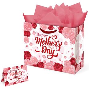 Mothers Day Gift Bags, 1 Pack, 13 x 10.2 x 4.9 in, with Card and Tissue Paper, Best Mom Ever Paper Bags for Party Favor