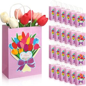 Saypacck 24 Pcs Mother's Day Flower Gift Bags Bulk Happy Mother's Day Bag with Tulip Bouquet Cardboard Mom's Birthday Gift Bags for Wrapping Mom Party Decorations