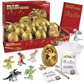 Mindware حفره! Discoveries Dragon Eggs Dig Kit - تشمل 12 بيضًا تنينًا مع ألعاب في الداخل وأدوات الإزميل وأوراق التعليمات ودليل التنقيب