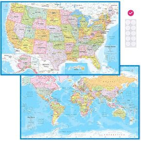 Nowmap Anti -Glare Matte World Map & US Map Poster Set 18x29 - تشمل ملصقات لسهولة تصاعد الجدار
