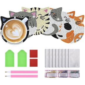 JUNIPLTER 6 PCS Cat Diamond Painting Coasters مجموعات مع أدوات مزدوجة ، ومجموعات فن الماس DIY للبالغين المبتدئين ، والسكان الفنيين الماس القطط غير الانزلاق والحرارة ، هدية مثالية للعطلة