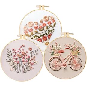 Huacan Embroidery Kits for Adults Beginner 3 Pcs DIY Cross Stitch Stamped Flower Pattern Stitching Heart Sewing Kit 7.9 x 7.9 Inch