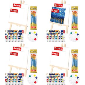 208Pcs Acrylic Paint Set with Canvas and Easel, Painting Kits with 16 Canvas, 8 Easels, 8x12 Colors Acrylic Paints, 8x10 Brushes, 8 Palettes, Canvas Paint Kit for Adults Kids Paint Party
