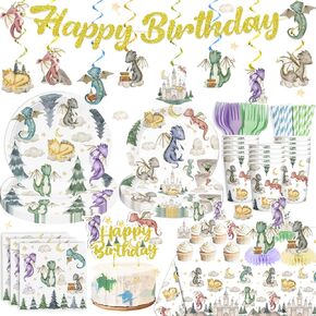 185pcs Dragon Birthday Party Decorations مجموعة أدوات المائدة ، مستلزمات حفلات التنين تشمل لافتة ، لوحات ، مفارش المائدة ، الكعك العلوي ، القبعات العليا للكب كيك ، ديكورات عيد ميلاد التنين تقدم 25 ضيفًا