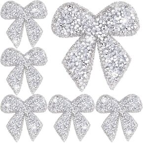 6pcs Bow Rhinestone Patches, Glitter Bowknot Applique, Self-Adhesive Repair Bow Clothing Patches for Jackets Hats Bags Jeans Shoes- Silver