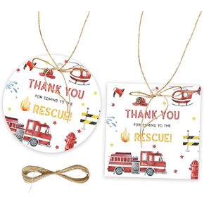 50PCS Fire Truck شكرًا لك العلامات ، علامة هدية Firefighter مع سلسلة لحفل استحمام الطفل ، Round Thank You Paper Tagm