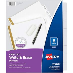 Avery 8-Tab Binder Dividers ، Write & Erase White Big Tabs ، 10 Set (23078)