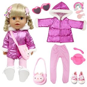 10 PCS Baby Doll Cloths and Assoritory for 12 14 15 15 18 inch Winter Doll Whound With Down Pants Bants Shoes Glips 3 Clips Hair Clips يناسب 30-45 سم